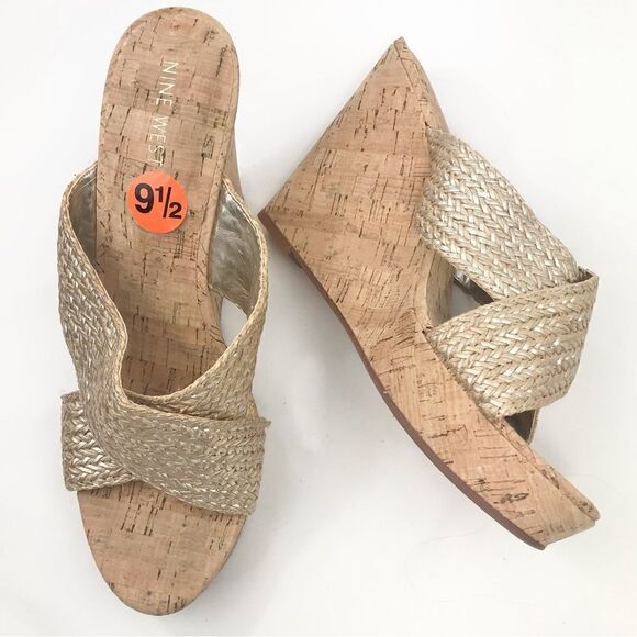 Nine West Gold Weave Crisscross Cork Wedge Sandals NEW - Picture 3 of 14